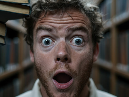Surprised man with books on headの素材