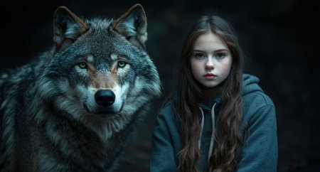 Mysterious girl and wolf in dark forestの素材