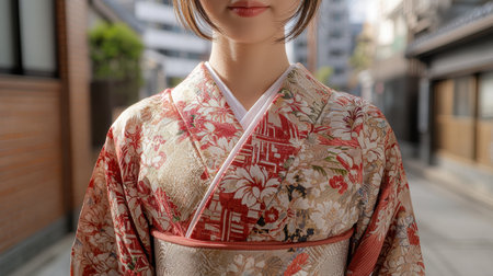 woman wearing traditional japanese kimonoの素材