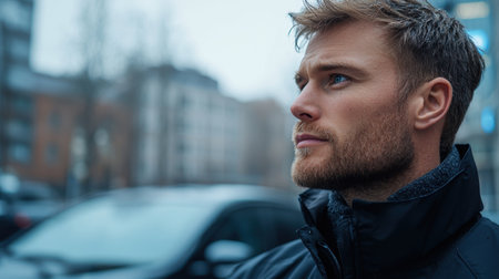 Pensive man with beard looking out at cityの素材