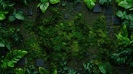 nature meets technology: a lush green oasis amid a circuit board landscapeの素材