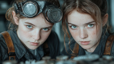 Determined young girls in steampunk gogglesの素材