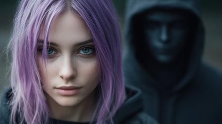 portrait of a young woman with vibrant purple hairの素材