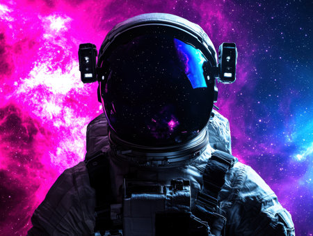 astronaut in space suit against colorful galaxy backdropの素材