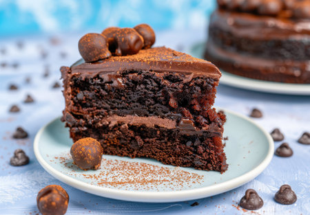 Decadent chocolate cake slice with chocolate ganache and chocolate candiesの素材