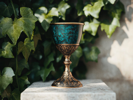 Ornate metal chalice with turquoise patinaの素材