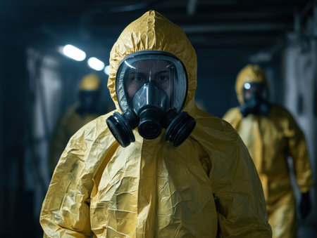 Hazmat team members in protective suitsの素材