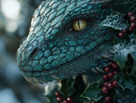 close-up of a dragon's eye surrounded by scaly green skin and red berriesの素材