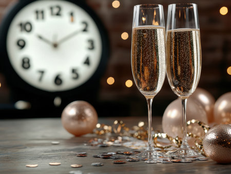 new year's eve celebration with champagne and clockの素材