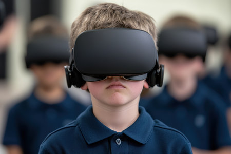 young boy wearing virtual reality headsetの素材