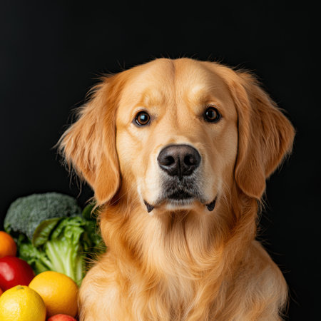 golden retriever dog with fresh vegetablesの素材