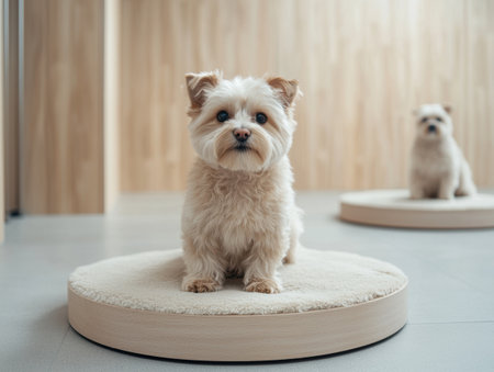 cute fluffy dog sitting on pet bedの素材