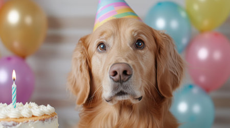 golden retriever dog celebrating birthday with cake and balloonsの素材