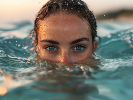 woman with blue eyes in the oceanの素材