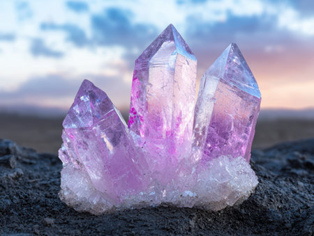 Stunning amethyst crystal cluster against dramatic skyの素材