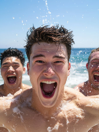 Joyful friends enjoying a sunny day at the beachの素材