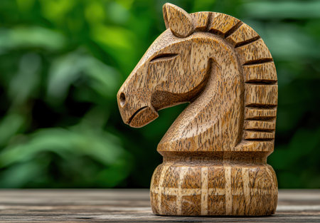 Carved wooden horse figurine on rustic tableの素材