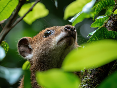 Curious squirrel peeking through leavesの素材