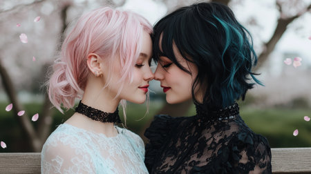Intimate moment between two young women with colorful hairの素材