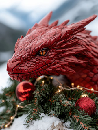 close-up of a red dragon christmas ornamentの素材