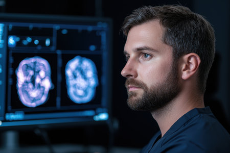 medical professional examining brain scanの素材