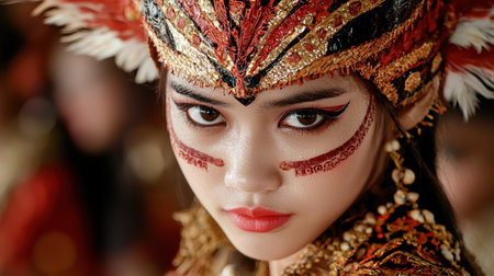 Ornate headdress and makeup of a traditional asian performerの素材