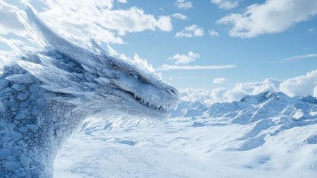 Majestic ice dragon in snowy mountain landscapeの素材