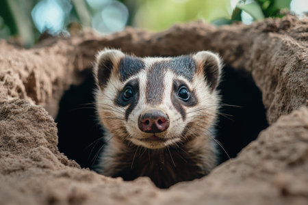 Curious woodland creature peeking out from burrowの素材