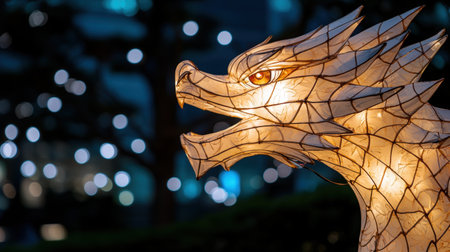 Glowing dragon sculpture in the darkの素材