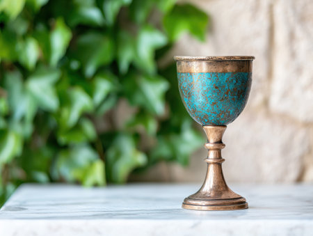 Ornate antique chalice with turquoise patinaの素材