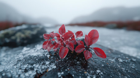 Vibrant red leaves in the mistの素材
