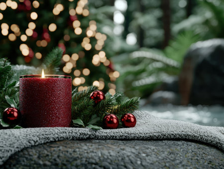 Cozy Christmas scene with red candle and ornamentsの素材