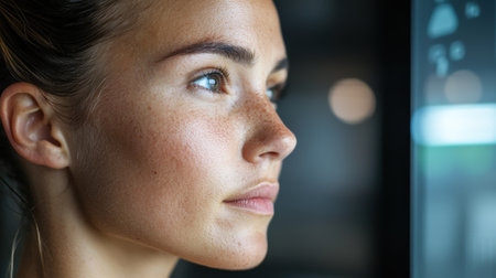 close-up portrait of a thoughtful womanの素材
