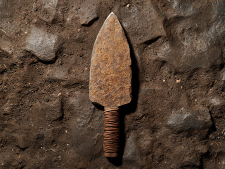 ancient stone tool on dirt backgroundの素材