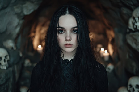 Mysterious woman with dark hair in a dark forestの素材