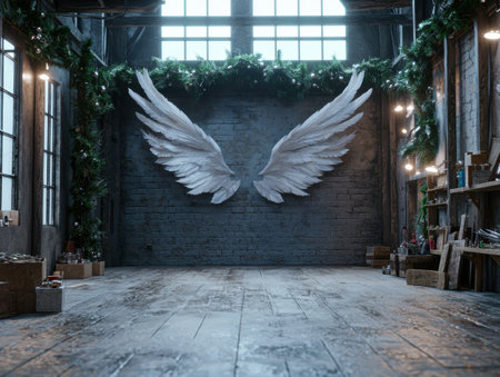 Angelic wings in rustic winter settingの素材
