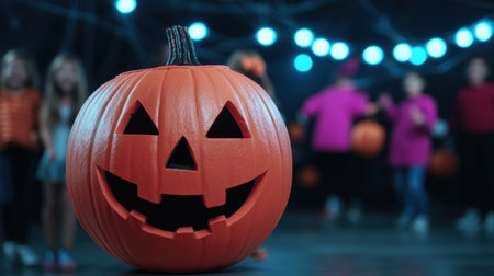 Glowing jack-o-lantern pumpkin in front of blurred halloween partyの素材