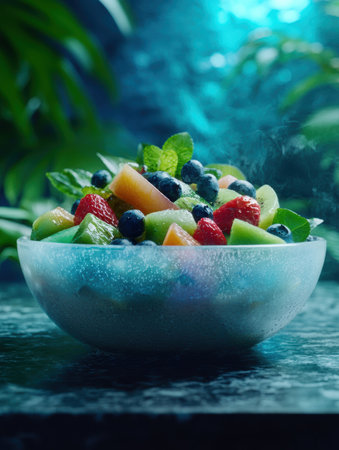 Refreshing fruit salad in a bowl with steamの素材