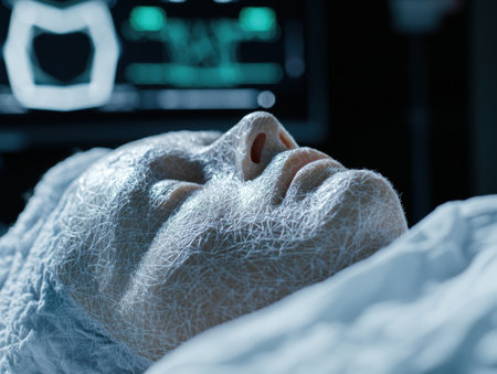 Close-up of a person's face covered in a delicate, intricate web-like materialの素材