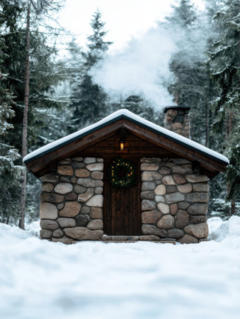 cozy winter cabin in snowy forestの素材