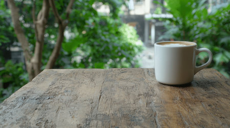 coffee cup on rustic wooden table in lush green forestの素材