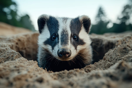 Curious raccoon peeking out from burrowの素材