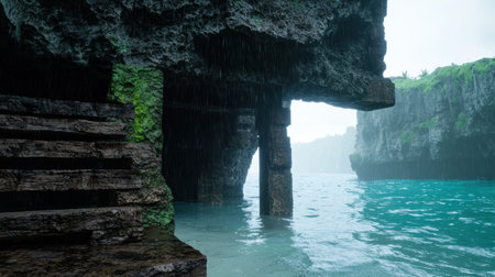Serene waterfall in lush tropical caveの素材
