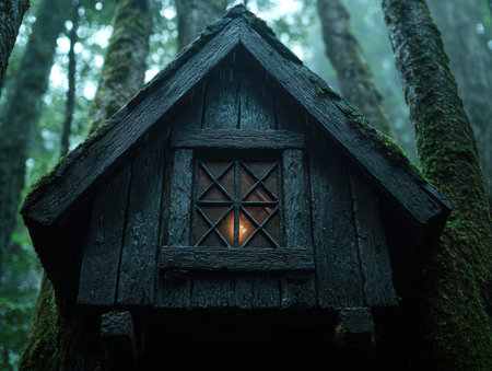 Mysterious wooden cabin in dark forestの素材