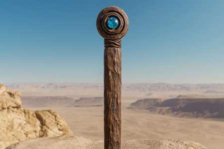 Mystical desert obelisk with glowing blue orbの素材