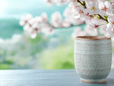 Blooming cherry blossoms and ceramic cup on wooden tableの素材