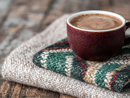 cozy winter drink on knitted blanketの素材