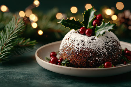 festive christmas pudding with holly and berriesの素材