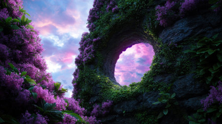 Enchanting forest archway with vibrant purple flowersの素材