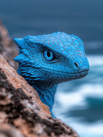 Vibrant blue dragon lizard on rocky cliffの素材